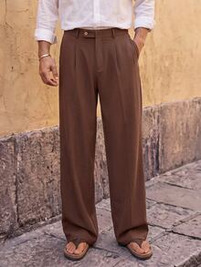 HIMLAND Celana Panjang Pria Warna Cokelat Polos Pinggang Tinggi Kaki Lebar Lipit Depan Kancing Depan Potongan Lurus Longgar Bahan Lembut Kasual Vintage untuk Pakaian Sehari-hari Musim Gugur - Coffee Brown - View 1