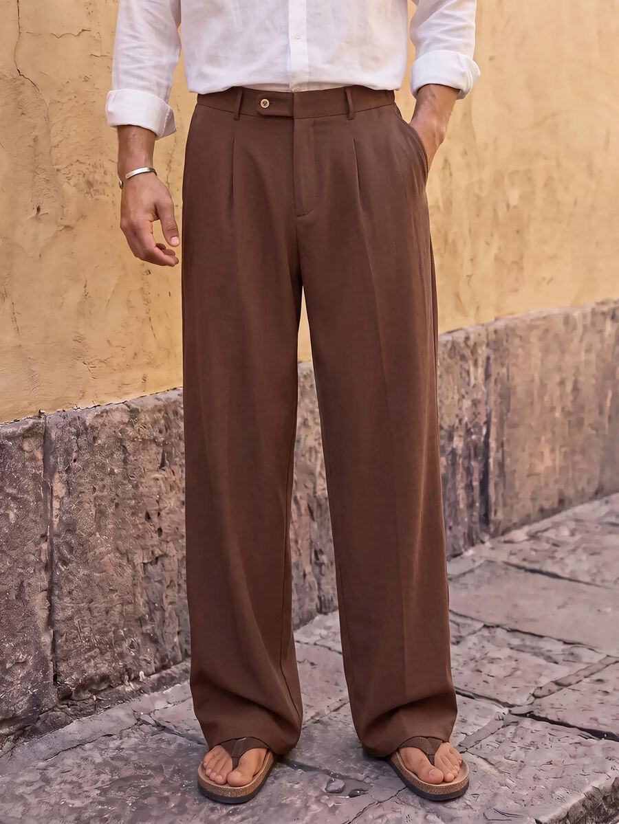 HIMLAND Celana Panjang Pria Warna Cokelat Polos Pinggang Tinggi Kaki Lebar Lipit Depan Kancing Depan Potongan Lurus Longgar Bahan Lembut Kasual Vintage untuk Pakaian Sehari-hari Musim Gugur - Coffee Brown - View 1