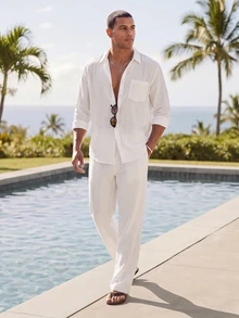 HIMLAND Ocevento Men Casual White Long Sleeve Button Down Shirt For Summer Beach Style Lightweight Yellow Collared Button Up Shirt Perfect For Vacations - White - View 3