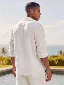 HIMLAND Ocevento Men Casual White Long Sleeve Button Down Shirt For Summer Beach Style Lightweight Yellow Collared Button Up Shirt Perfect For Vacations - White - View 2