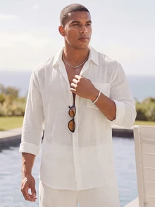 HIMLAND Ocevento Men Casual White Long Sleeve Button Down Shirt For Summer Beach Style Lightweight Yellow Collared Button Up Shirt Perfect For Vacations - White - View 5