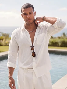HIMLAND Ocevento Men Casual White Long Sleeve Button Down Shirt For Summer Beach Style Lightweight Yellow Collared Button Up Shirt Perfect For Vacations - White - View 1
