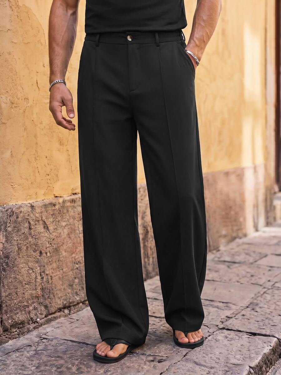 HIMLAND Men's Casual Button Pocket Long Pants For Daily Office Commute - Black - View 1