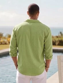 HIMLAND 男士休閒百搭純色襯衫 - 綠色 - 查看 2