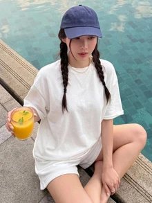 Livesso 白色短袖圓領寬鬆上衣休閒基礎款綁帶短褲女款2件套居家夏裝 - 米色 - 查看 4