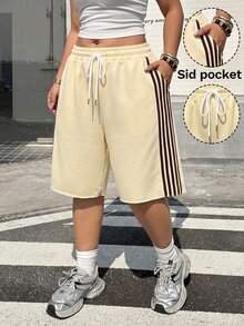 Muchica 大尺碼軟黃色寬腿休閒運動短褲，針織運動健身度假風 - 鵝黃色 - 查看 5