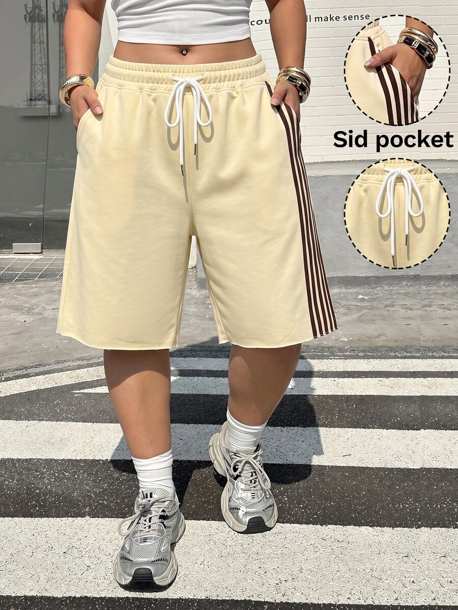 Muchica 大尺碼軟黃色寬腿休閒運動短褲,針織運動健身度假風 - 鵝黃色 - 查看 1