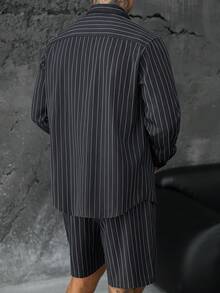 SLATEMANN Setelan Bergaris Serasi, Gaya Dewasa, Kemeja Lengan Panjang Siluet Longgar & Celana Pendek Lurus dengan Tali Serut, Pakaian Kasual 2 Potong Serbaguna - Dark Grey - View 2
