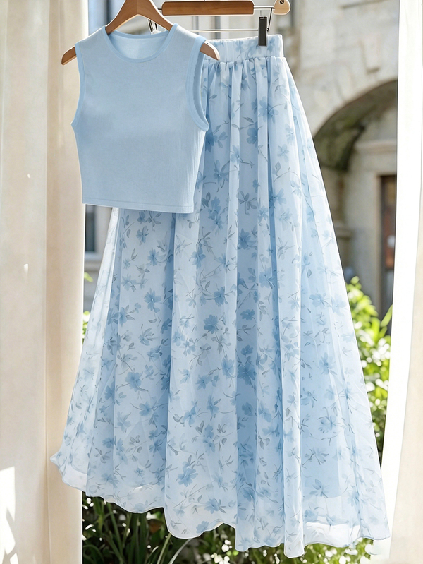 GlowEve Casual Elegant Solid Color Tank Top & Ditsy Floral Skirt Set Light Blue Slimming Fairy Set With Fresh Tiny Flowers & Extra Voluminous Maxi Skirt