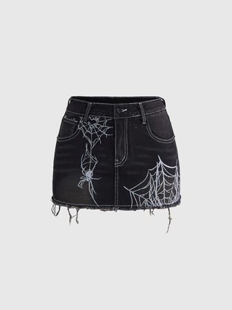 Goth Dark Spider Web Embroidery Super Low-Waist Women Denim Mini Skirt