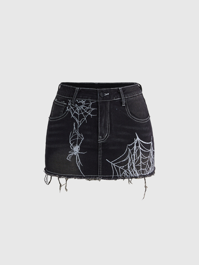 Goth Dark Spider Web Embroidery Super Low-Waist Women Denim Mini Skirt
