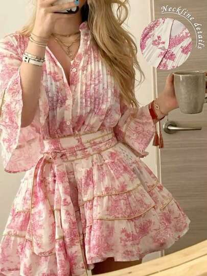 Cévolie Women's Fashion Casual Elegant Romantic Vacation Printed Button Dress