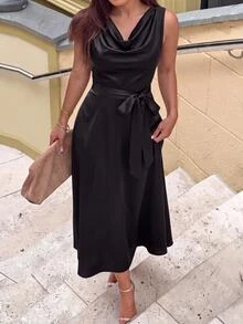 GlowEve CURVE Plus Size Women's Elegant Fashion Daily Commute Solid Color Waist-Cinching A-Line Dress, Cowl Neck Sleeveless - Black - View 8