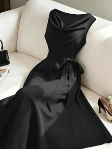 GlowEve CURVE Plus Size Women's Elegant Fashion Daily Commute Solid Color Waist-Cinching A-Line Dress, Cowl Neck Sleeveless - Black - View 1