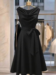 GlowEve CURVE Plus Size Women's Elegant Fashion Daily Commute Solid Color Waist-Cinching A-Line Dress, Cowl Neck Sleeveless - Black - View 4