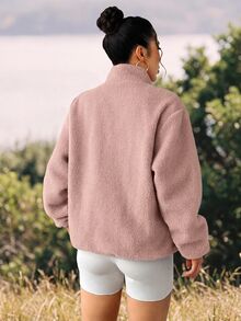 WanderVale 女款粉色刷毛夾克拉鍊運動衫，撞色寬鬆戶外運動外套，紅底白波點，秋季度假大廓形秋裝 - 藕粉色 - 查看 5