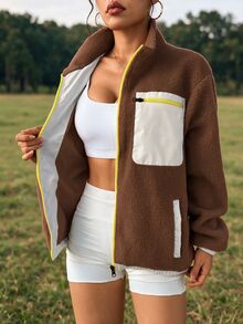 WanderVale Women's Contrast Color Casual Zip-Up Long Sleeve Sports Jacket Fall - Coffee Brown - View 7