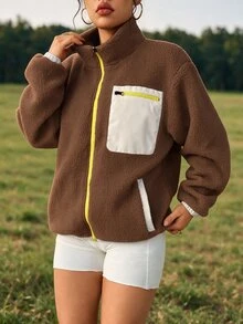 WanderVale Women's Contrast Color Casual Zip-Up Long Sleeve Sports Jacket Fall - Coffee Brown - View 4