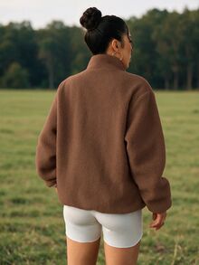 WanderVale Women's Contrast Color Casual Zip-Up Long Sleeve Sports Jacket Fall - Coffee Brown - View 2