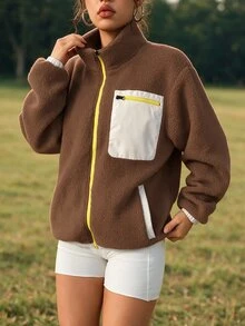 WanderVale Women's Contrast Color Casual Zip-Up Long Sleeve Sports Jacket Fall - Coffee Brown - View 5