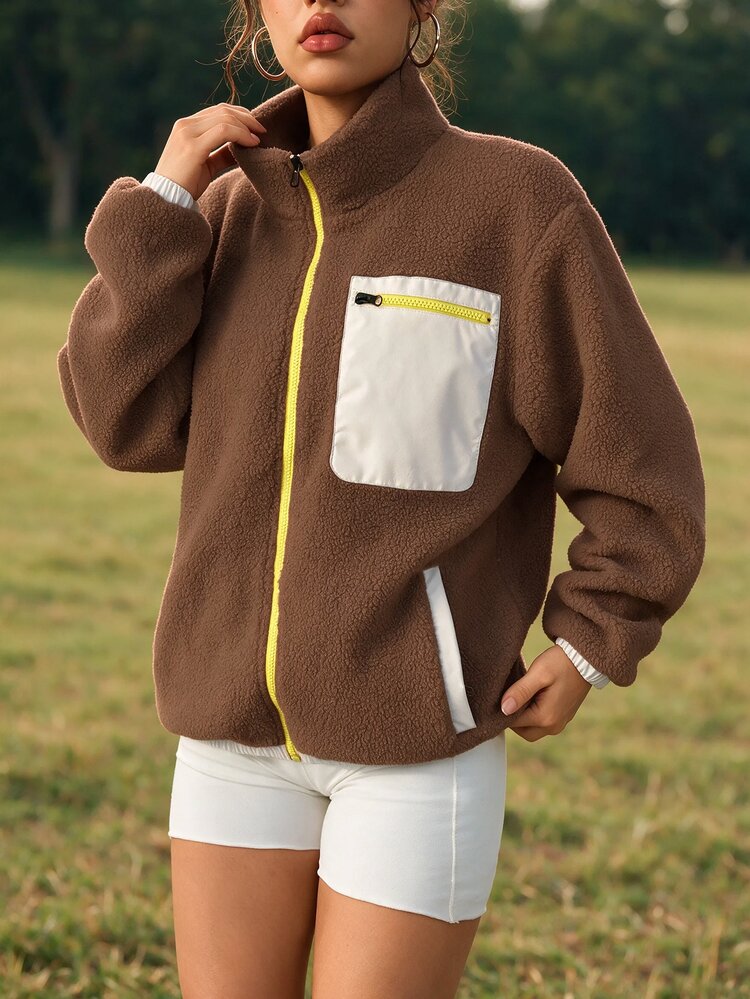 WanderVale Women's Contrast Color Casual Zip-Up Long Sleeve Sports Jacket Fall - Coffee Brown - View 5