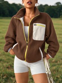 WanderVale Women's Contrast Color Casual Zip-Up Long Sleeve Sports Jacket Fall - Coffee Brown - View 3