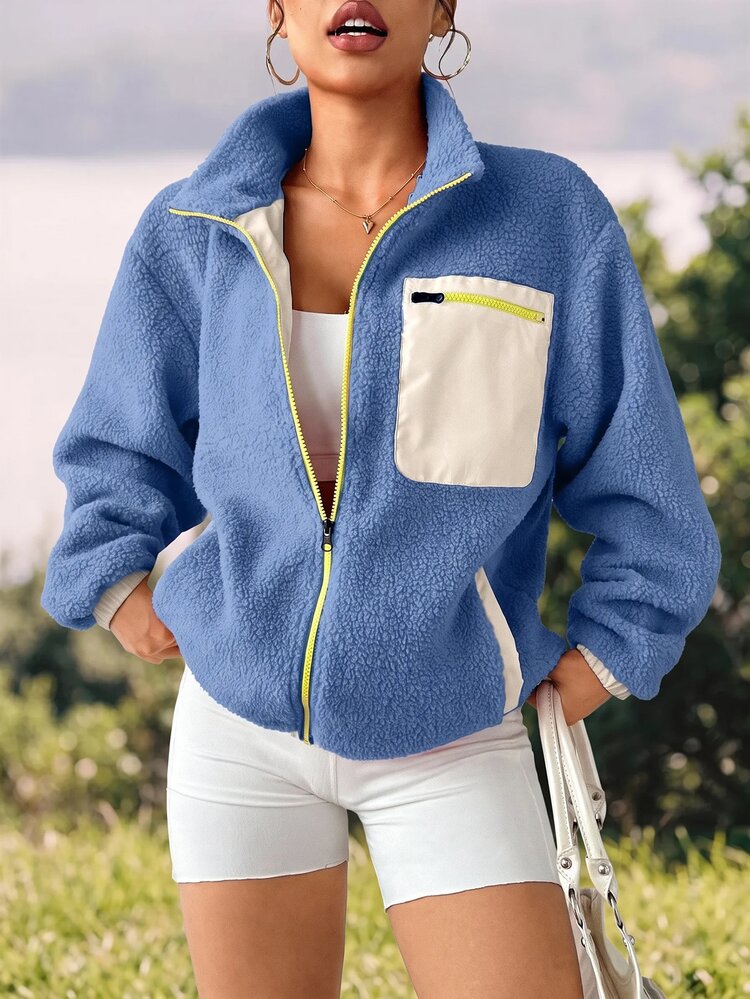 WanderVale Women's Contrast Color Zipper Long Sleeve Sports Jacket, Fashionable For Autumn/Winter Fall - Royal Blue - View 3
