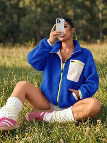 WanderVale Casual Women's Teal Blue Knitted Fleece Outdoor Jacket Short Long Sleeve With Colorblock Details Sports Fall - Teal Blue - View 4