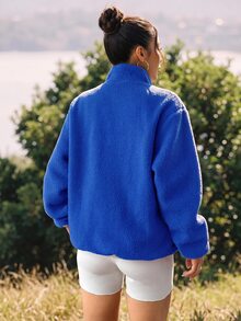 WanderVale Casual Women's Teal Blue Knitted Fleece Outdoor Jacket Short Long Sleeve With Colorblock Details Sports Fall - Teal Blue - View 5