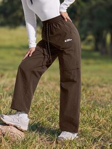 WanderVale Women's Drawstring Waist Pockets Casual Versatile Daily Wear Hiking Pants Sports - Coffee Brown - View 1
