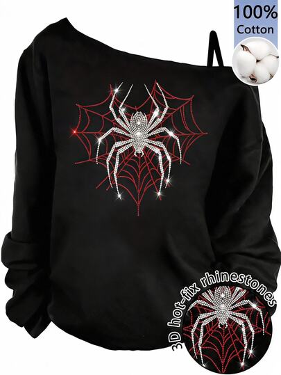 EMERY ROSE Rhinestone Spider Pattern; Blending Minimalist, Vintage, Punk And Y2K Styles, Black And Red Spider Web Print, Versatile And Fashionable; Suitable For Summer, Party, Music Festival And Gothic Style Plus Size Long Sleeve Open Shoulder T-Shirt