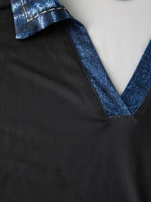 EMERY ROSE Minimalist Black Color Block Design Casual Fashion V-Neck Short Sleeve T-Shirt - Multicolor - View 3