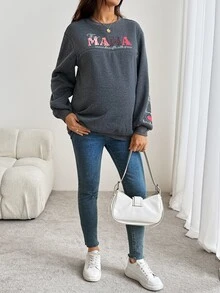 SHEIN كنزة رياضية ناعمة كاجوال للحوامل بطبعة حرف عادي، خريف/شتاء، كشف الجنين، للأم المستقبلية، أخضر نعناعي، أساسية، لطيفة وأنيقة للخروج - رمادي غامق - مشاهدة 7
