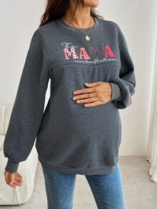 SHEIN كنزة رياضية ناعمة كاجوال للحوامل بطبعة حرف عادي، خريف/شتاء، كشف الجنين، للأم المستقبلية، أخضر نعناعي، أساسية، لطيفة وأنيقة للخروج - رمادي غامق - مشاهدة 3