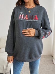 SHEIN كنزة رياضية ناعمة كاجوال للحوامل بطبعة حرف عادي، خريف/شتاء، كشف الجنين، للأم المستقبلية، أخضر نعناعي، أساسية، لطيفة وأنيقة للخروج - رمادي غامق - مشاهدة 6