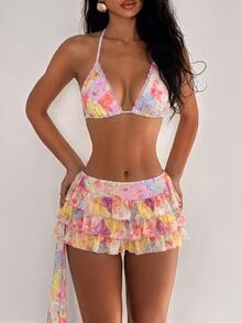 SHEIN Swim 女款夏季海灘度假掛脖綁背性感比基尼泳衣3件套，荷葉邊裙，粉色，女款節慶穿搭，女款海灘穿搭，派對，女款度假穿搭，花卉 - 彩色 - 查看 6
