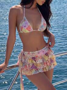 SHEIN Swim 女款夏季海灘度假掛脖綁背性感比基尼泳衣3件套，荷葉邊裙，粉色，女款節慶穿搭，女款海灘穿搭，派對，女款度假穿搭，花卉 - 彩色 - 查看 3