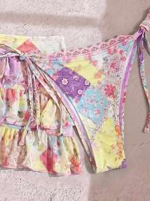 SHEIN Swim 女款夏季海灘度假掛脖綁背性感比基尼泳衣3件套，荷葉邊裙，粉色，女款節慶穿搭，女款海灘穿搭，派對，女款度假穿搭，花卉 - 彩色 - 查看 11