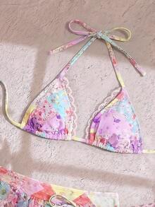 SHEIN Swim 女款夏季海灘度假掛脖綁背性感比基尼泳衣3件套，荷葉邊裙，粉色，女款節慶穿搭，女款海灘穿搭，派對，女款度假穿搭，花卉 - 彩色 - 查看 10