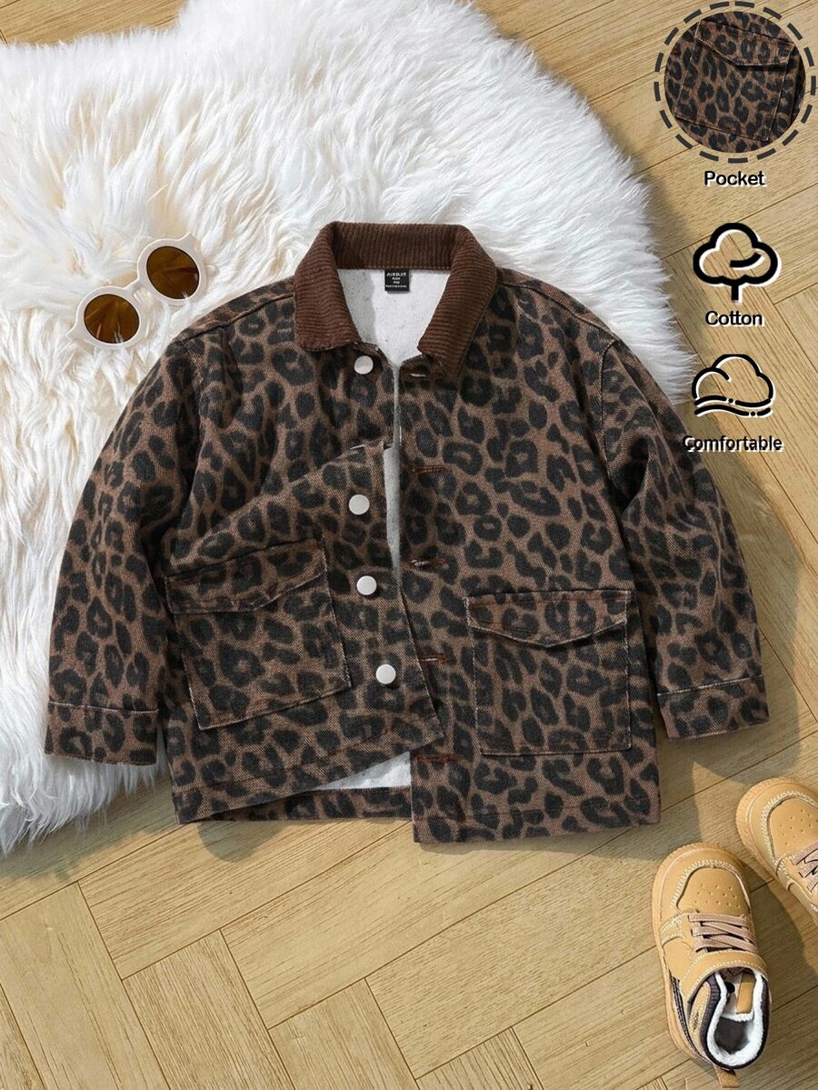 SHEIN 兒童小男孩 Y2K 棉質復古豹紋印花棕色丹寧拼接領寬鬆夾克,秋冬款,男孩校服、街頭風、萬聖節穿搭 - 棕色 - 查看 1