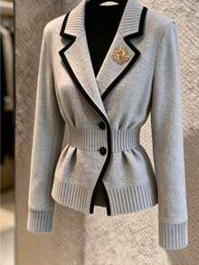 Balvessa Women's Autumn/Winter Casual Colorblock Trim Cardigan - Grey - View 1