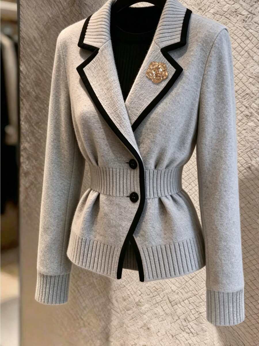 Balvessa Women's Autumn/Winter Casual Colorblock Trim Cardigan - Grey - View 1
