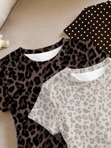 SHEIN Tween Girl 少女復古多巴胺配色 豹紋波點簡約休閒抓皺腰 3 件組 T-shirt 套裝 - 彩色 - 查看 4