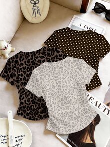 SHEIN Tween Girl 少女復古多巴胺配色 豹紋波點簡約休閒抓皺腰 3 件組 T-shirt 套裝 - 彩色 - 查看 2