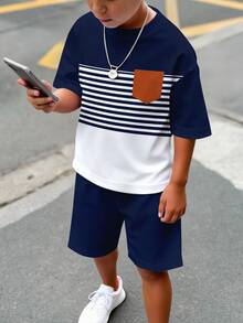 青少年男孩海軍藍與白色夏季休閒沙灘舒適簡約圓領短袖T恤與短褲套裝 - 白色 - 查看 2