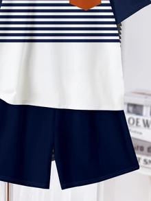 青少年男孩海軍藍與白色夏季休閒沙灘舒適簡約圓領短袖T恤與短褲套裝 - 白色 - 查看 5