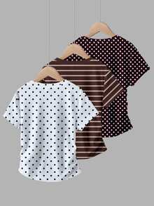 Dopamine Color, Leopard Print & Polka Dot, Tween Girls Simple Casual Ruched Waist 3 Pieces Set - Multicolor - View 2