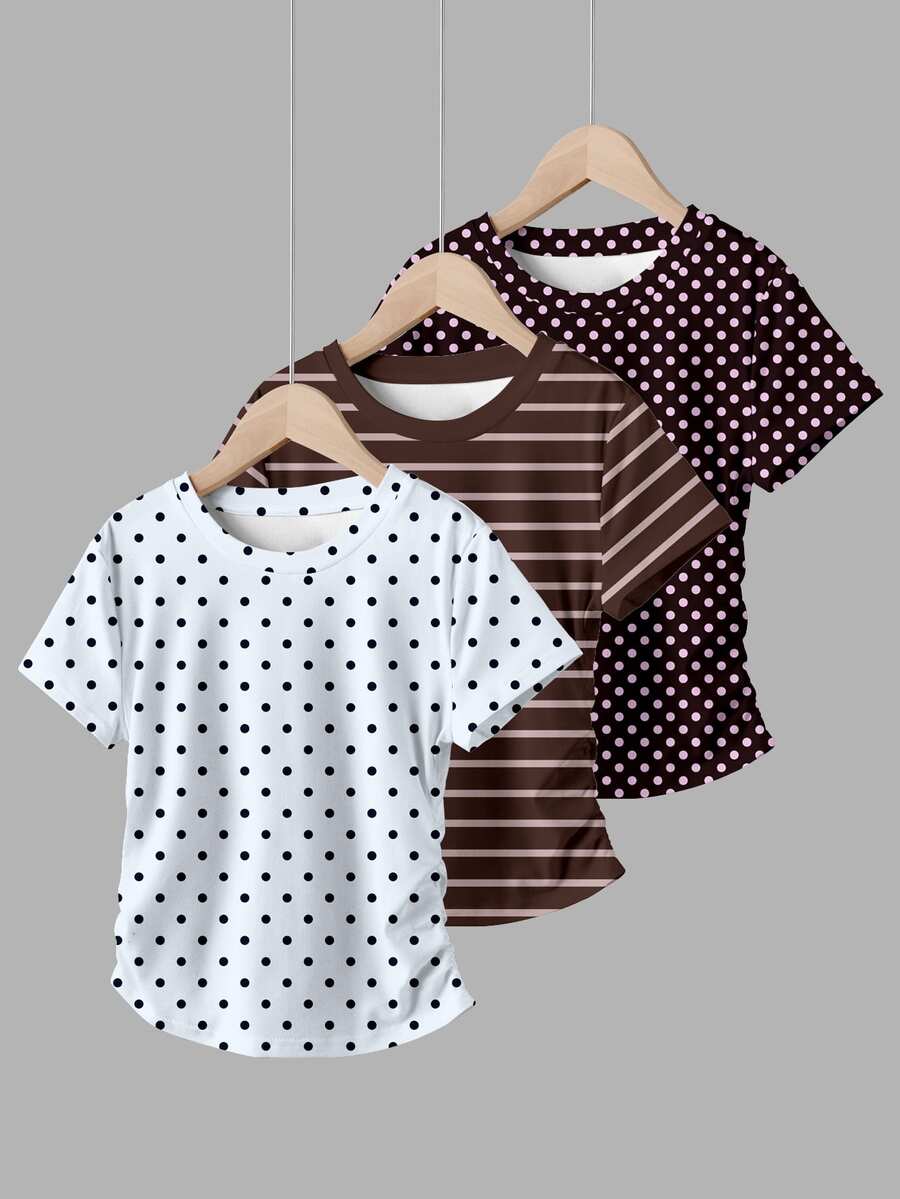 Dopamine Color, Leopard Print & Polka Dot, Tween Girls Simple Casual Ruched Waist 3 Pieces Set - Multicolor - View 1