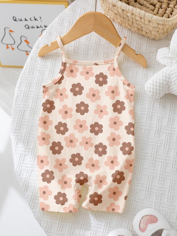 SHEIN [Random 5pcs,Send 1pc] Baby Girls Vintage Floral Print Romper,Cute Beige Summer Sleeveless Jumpsuit,Y2K Kawaii Korean Style Vacation Outfits,Comfy