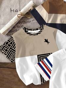 青少年男孩休閒舒適時尚極簡圓領短袖T恤 3件組，復古條紋印花，精緻Logo印花 - 彩色 - 查看 3